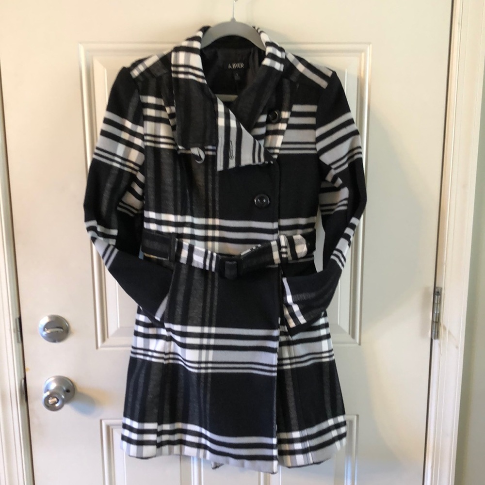 A. Byer Black and White Plaid Pea Coat